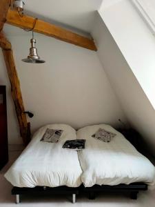 een slaapkamer met 2 bedden op een zolder bij Maison 5 in Souvigny +12 foto's