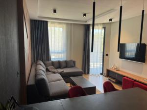 ein Wohnzimmer mit Couch und Flachbildfernseher in der Unterkunft Escape Panorama Apartmani Tara in Kaludjerske Bare