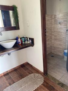 une salle de bain avec lavabo et douche dans l'établissement Rancho São Miguel Arcanjo, à Caçapava