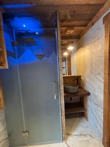 een glazen douchedeur in een badkamer met een wastafel bij La Tana dell'Orso in Campitello di Fassa +63 foto's