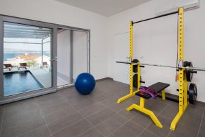 una palestra con una palla da fitness e una palla blu di Villa Costabella with heated pool a Posedarje (Possedaria)