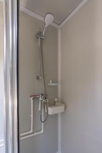 Oosterendglamping luxe caravan的浴室里有淋浴喷头的淋浴