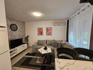 a living room with a couch and a tv at City Center Luxury Apartment in Mostar