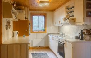 a kitchen with white cabinets and a stove top oven at Stunning Home In Ljørdalen With Sauna in Ljørdalen