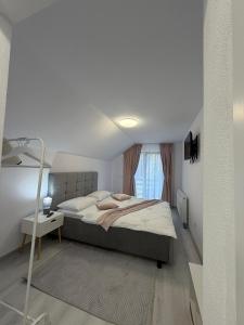 een slaapkamer met een groot bed en een raam bij Casa din lunca 2 in Poiana Mărului +27 foto's