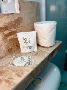 eine Theke mit einer Rolle Toilettenpapier und einer Schüssel in der Unterkunft Apartamento 1/4 Ambiente inteiro in Lauro de Freitas