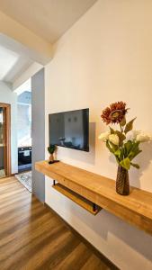 ein Wohnzimmer mit einem TV und einer Vase mit Blumen in der Unterkunft Urban flat in Chalkida