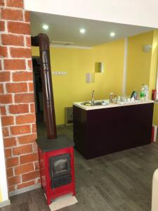 ein Holzofen in einem Raum mit Spüle in der Unterkunft Danojlic 2 in Višegrad