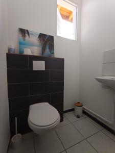 ein Badezimmer mit einer weißen Toilette und einem Waschbecken in der Unterkunft Villa Le Bananier in Sainte-Rose