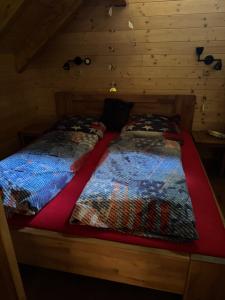 two beds in a room in a log cabin at Roubenka in Železná Ruda