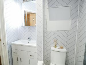 a bathroom with a sink and a toilet and a mirror at Hafan Hapus in Beaumaris +21 photos