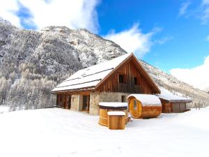 塞拉克Chalet prestige 14 pers au pied des pistes的山前有一座被白雪覆盖的小木屋