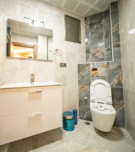 a bathroom with a toilet and a sink and a mirror at Zirvesta Otel in Istanbul