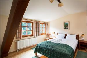 a bedroom with a large white bed and windows at Aparthotel Pod Plání in Špindlerův Mlýn
