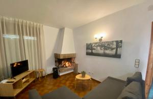 una sala de estar con un sofá y una chimenea en Villa Salitre, en L'Ametlla de Mar