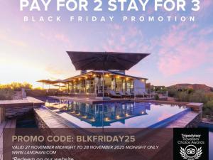 a flyer for a play for stay for black friday promotion at Landrani Luxury Lodge in Oudtshoorn
