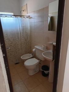 een badkamer met een toilet, een wastafel en een douche bij El Parque in San Luis