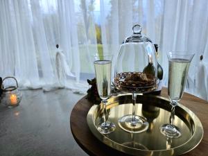 Una mesa con dos copas de vino y una campana en Equilibrium Villa Relais, en Rakovica 66 fotos más