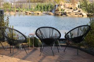 3 sedie e un tavolo di fronte a un lago di Armonia de pe lac a Buzău