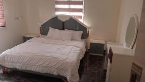 una camera da letto con un letto grande con una grande finestra di Miriya apartments ad Abuja