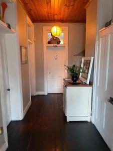 Un pasillo con una puerta y una mesa con una planta en Kloof Nest Guest House, en Ciudad del Cabo