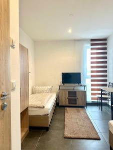 丁戈尔芬Gemütliches Doppelzimmer Gemeinschaftsbad的一间带床和电视的小卧室