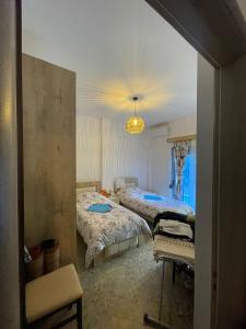 a bedroom with two beds and a chandelier at Villa Hoxha Tepelen in Tepelenë