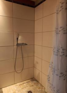 La salle de bains est pourvue d'une douche avec rideau de douche. dans l'établissement Gîte Harmony, à Châteauneuf-du-Rhône