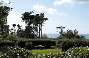 a garden with trees and the ocean in the background at Chalet 20m2 - Sein in Plouhinec +5 photos