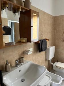 a bathroom with a sink and a toilet and a mirror at Al Capitel in Grosotto +34 photos