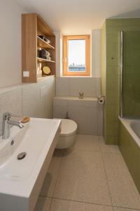 a bathroom with a sink and a toilet and a tub at SEEZIEGE Uckermark - Ferienwohnungen am Carwitzer See in Thomsdorf