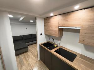 a kitchen with a sink and a couch in a room at Apartment typu suite LE BLEU in Płock