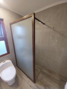 a bathroom with a toilet and a shower stall at Refugio de montaña in El Manzano +16 photos