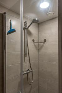 a shower with a blue shower head in a bathroom at Noorderburcht in Oosterend +30 photos