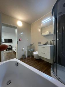 Et badeværelse på Komfortables Einraum-Apartment in Weißenthurm
