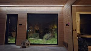 Pokój z dużym oknem i ogrodem na zewnątrz w obiekcie Čapí hnízdo se saunou w mieście Drnovec