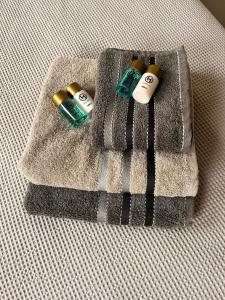 two remote controls sitting on a towel on a couch at Huisje Rixtel in Aarle-Rixtel