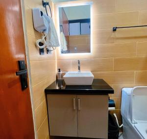 a bathroom with a sink and a mirror at Exclusive and Central Studio Apartment in Trinidad