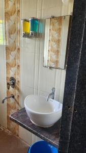 um banheiro com pia branca e espelho em Junglee Valley Holiday Home em Mahabaleshwar
