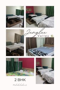 uma colagem de quatro fotos de camas em um quarto em Junglee Valley Holiday Home em Mahabaleshwar