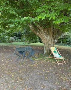 Una parrilla y un cartel al lado de un árbol. en Chambre privée au bord de la rivière, 