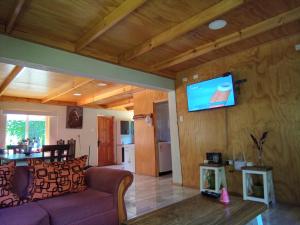 a living room with a couch and a tv on a wall at Cabaña los sauces in Chile Chico