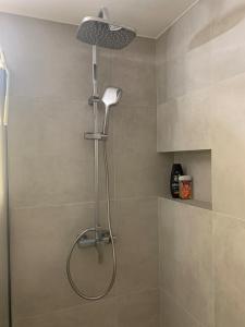 Arni AlpCrans-Montana Chalet dans la nature ski in ski out的浴室里有淋浴喷头的淋浴