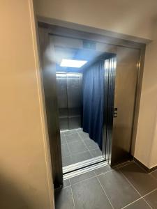 Cozy F2 Apartment La Queue en Brie في La Queue-en-Brie: دش مع ستارة زرقاء في الحمام +12 صورة