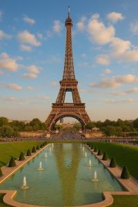 Cozy F2 Apartment La Queue en Brie في La Queue-en-Brie: نافورة أمام برج إيفل