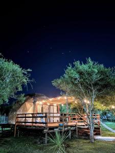 uma cabana em frente a uma rocha à noite em Glampings Ñae Guazu em San José