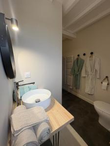 uma casa de banho com lavatório, WC e toalhas em Sous le tilleul em Saint-Georges mais 14 fotografias