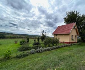 a small house with a red roof in a field at Eiross Apartmanház in Tamási