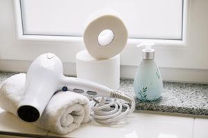 eine Badezimmerablage mit Föhn und Toilettenpapier in der Unterkunft 7SCHWABEN - 7 vollausgestattete Wohnungen unter einem Dach mitten in Bad Urach - Küche - Bad - WLAN - Waschmaschine - kostenloses Parken - E-Bike-Garage mit Ladestation - Altstadt, Bus, Bahn, E-Ladestation unter 5 Min - barrierefrei - rollstuhlgerecht in Bad Urach + 38 Fotos