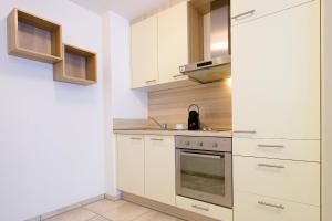 a kitchen with white cabinets and a stove at 7SCHWABEN 1 Haus 7 unterschiedliche Wohnungen alle vollausgestattet mit Küche und Bad, Waschmaschine, Altstadt 3 Minuten, Bus 3 min, Bahn 5 min, kostenloses Parken, E-Bike Garage Ladestation im Hof, E-Ladestation 3 min, rollstuhlgerecht, barrierefrei in Bad Urach